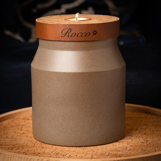 Harlow Ceramic Urn, Large Size In Forest Grey With Beautiful Cognac Leather