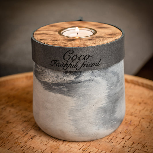 Small Urn For Ashes, Keepsakes & Mementos. Grey Marble Finish With Deep Smoke Grey Leather