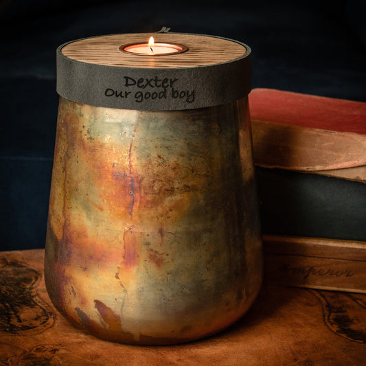 Distressed Copper Large Urn For Human Or Pet Cremation Ashes With Deep Smoke Leather