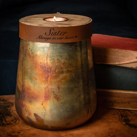 Distressed Copper Large Urn For Human Or Pet Cremation Ashes. Beautiful Cognac Leather