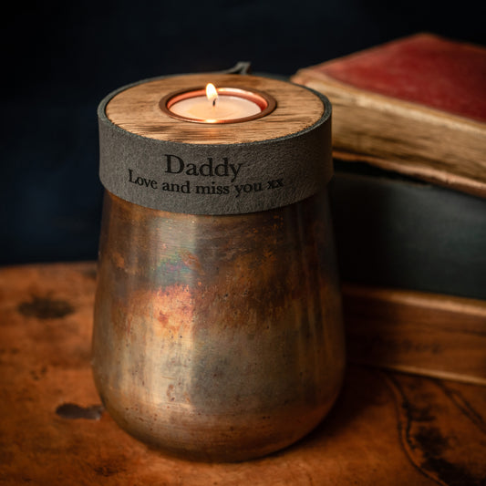 Distressed Copper Small Urn For Human Or Pet Cremation Ashes. Deep Smoke Grey Leather