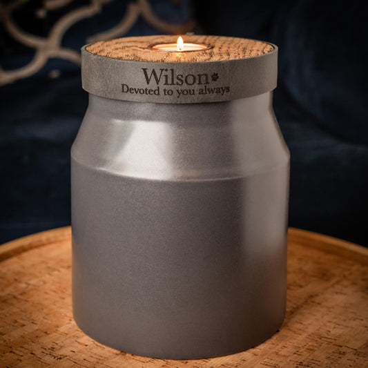 Harlow Ceramic Urn, Large Size In Slate Grey With Deep Smoke Grey Leather